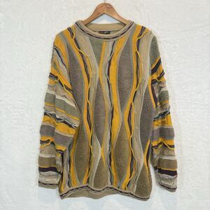VTG Bergati Sweater 3D Textured Tan Gold Burgundy Knit 80s 90s Large L